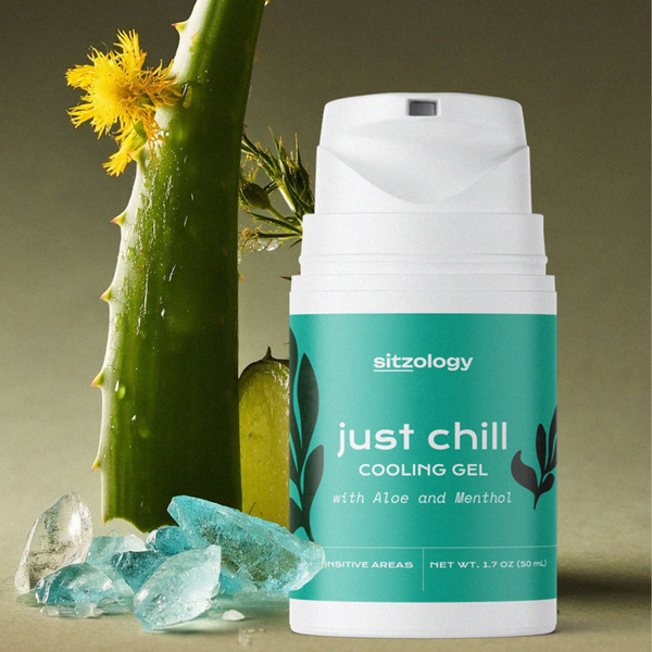 Just chill cooling gel bottle with aloe vera leaf and menthol crystals in background.