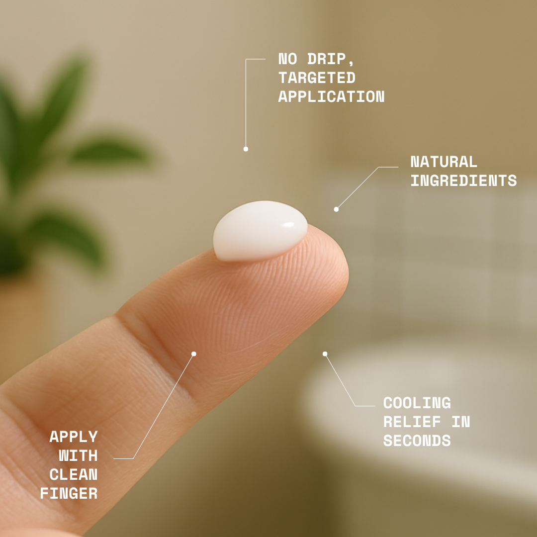 White cream on a finger with text highlighting features, against a blurred natural background.