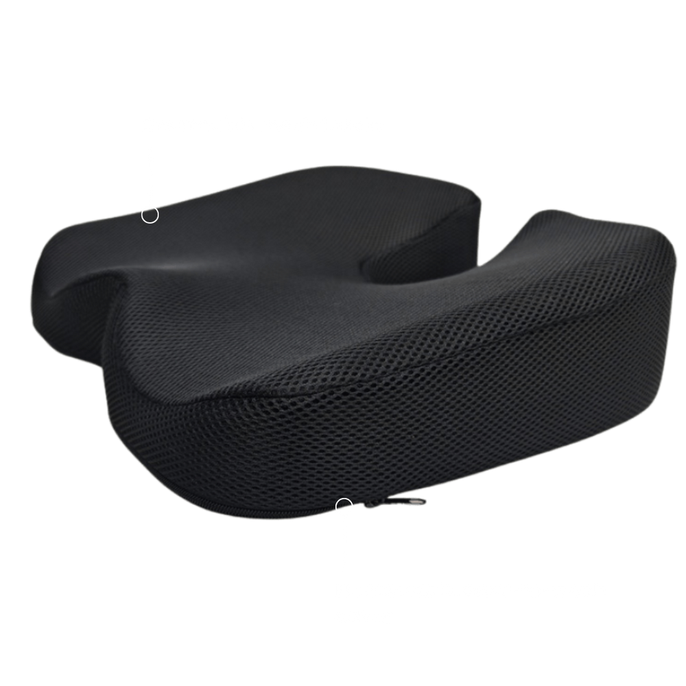 A black cushion designed for ergonomic support, featuring a textured surface and a cutout in the center for seating.