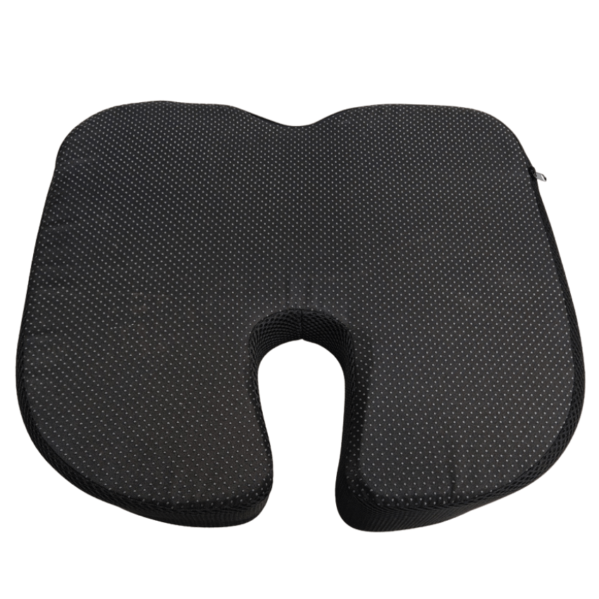 A black cushion designed for ergonomic support, featuring a grip bottom surface.