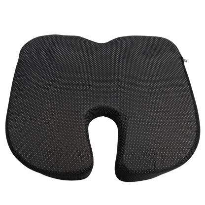 A black cushion designed for ergonomic support, featuring a grip bottom surface.