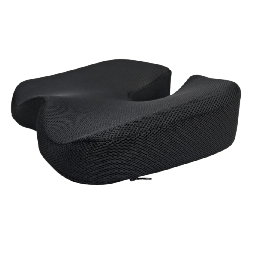 A black cushion designed for ergonomic support, featuring a textured surface and a cutout in the center for seating.